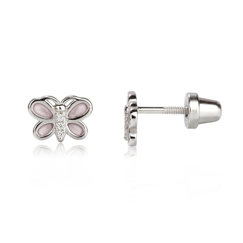 Cherished Moments Sterling Silver Kid's Pink Butterfly Earrings with CZs with Screw Backs