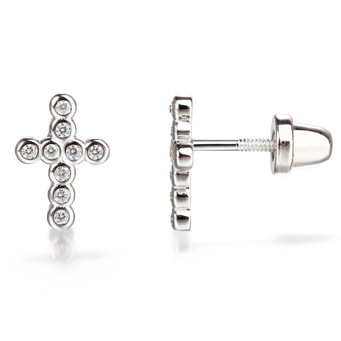Cherished Moments Sterling Silver Sterling Cross CZ Earrings with Screw Back