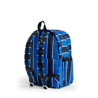 State Bags Kane Double Pocket Backpack - Soccer Jersey Blue and black striped backpack on a white background