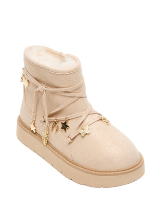 Steve Madden Kids Sigma Boot - Sand
Beige ankle boot with gold star embellishments on a white background