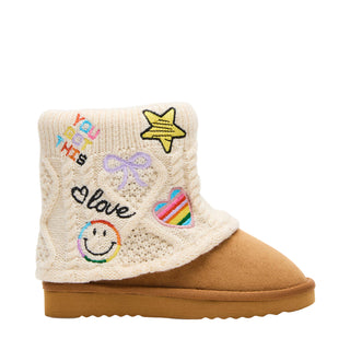 Steve Madden Kids Swayy Cognac Boot - Multi
Beige boot with colorful text and designs on a white background