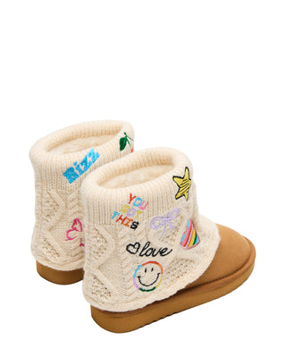 Steve Madden Kids Swayy Cognac Boot - Multi
Pair of children's knit boots with colorful text and designs on a white background