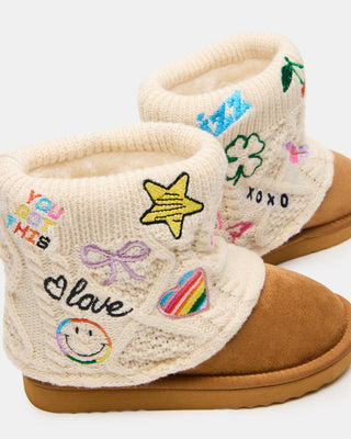 Steve Madden Kids Swayy Cognac Boot - Multi
Children's slippers with colorful designs and text on a white background