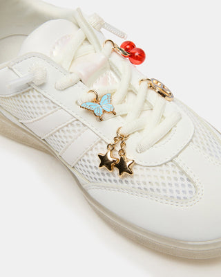 Steve Madden Kid's Verdict White Sneaker
White sneaker with decorative charms including a butterfly, star, and red berry on a white background
