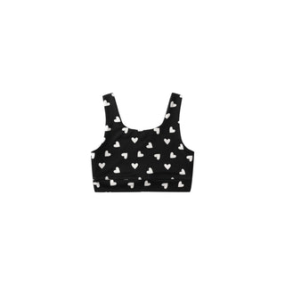 Play by Rylee & Cru Swift Sports Bra - Hearts
Black crop top with white heart patterns on a white background