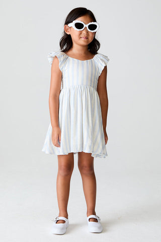 Saltwater Luxe Saltwater Littles Crocket Mini Dress in Cloud Blue hanging on a hanger, showcasing its lightweight fabric and casual style.