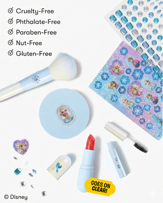 Super Smalls Disney Frozen Elsa makeup kit with colorful makeup products and themed packaging for kids.