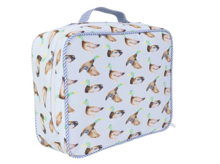 Apple of My Isla The Lunchbox - Mallards Rectangular fabric bag with dog pattern on a light blue background