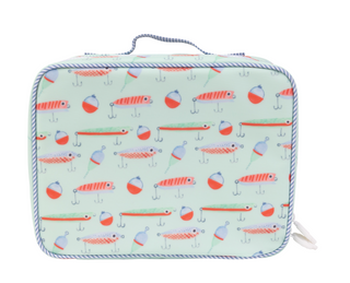 Apple of My Isla The Lunchbox - Lures Lunch bag with fishing lure pattern on a light blue background