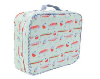 Apple of My Isla The Lunchbox - Lures Rectangular lunch bag with fishing lure pattern on a light blue background
