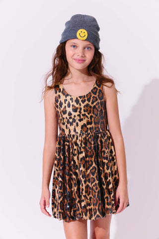 Lola and The Boys Sequin Leopard Bubble Dress
Young girl wearing a leopard print dress and a gray beanie with a smiley face on a white background