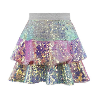 Lola and The Boys Sequin Ombre Ruffle Skirt
Multicolored sequin skirt with a gray waistband on a white background