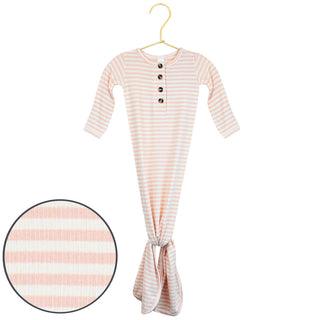 Lou Lou and Company Ribbed Knotted Gown - Harper
Pink and white striped baby onesie on a hanger with close-up detail of fabric texture.