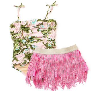 Shade Critters One Piece & Fringe Skirt - Blush Tropics
Floral swimsuit with pink fringed skirt on a white background