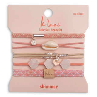 K'lani "Shimmer" Coral with Shell Hair Tie Bracelets
Set of hair ties and bracelets with shell and bead charms on a pink packaging labeled 'klani'.