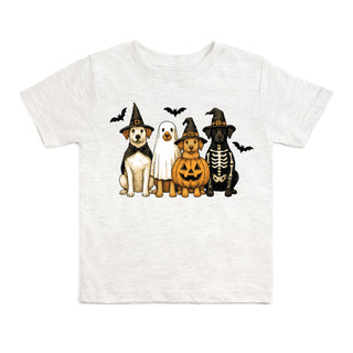 Sweet Wink Halloween Puppies Short Sleeve T-Shirt
A white short-sleeve kids' t-shirt featuring a graphic print of four dogs dressed in Halloween costumes (patriotic, ghost, pumpkin, and skeleton) with black bats and pumpkins.