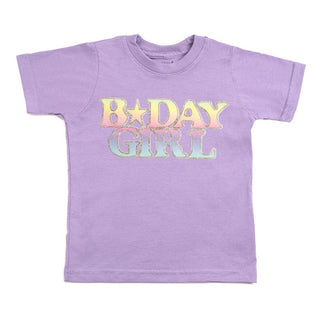 Sweet Wink Pastel Rainbow BDay Girl Patch Short Sleeve T-Shirt - Lavender 
Purple t-shirt with 'B*DAY GIRL' text on a white background