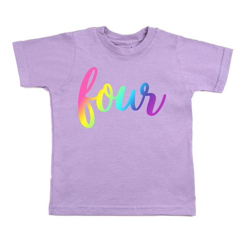 Sweet Wink Four Bright Rainbow S/S Lavender Tee, Sweet Wink, 4th Birthday, Birthday, Birthday Girl, cf-size-3t, cf-size-5-6y, cf-type-short-sleeve-tee, cf-vendor-sweet-wink, Four, Fourth Birt