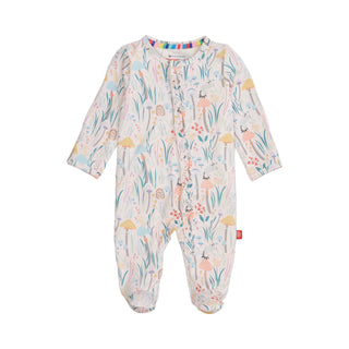 Magnetic Me  Shroom And Bloom Modal Footie with Ruffle
Baby onesie with floral and animal pattern on a white background
