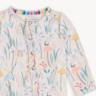 Magnetic Me  Shroom And Bloom Modal Footie with Ruffle
Children's onesie with a colorful mushroom and animal pattern on a white background