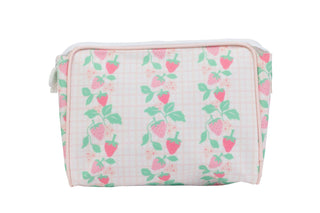 Apple of My Isla Strawberries The Go Bag, small pink bag with strawberry print, perfect for carrying essentials.