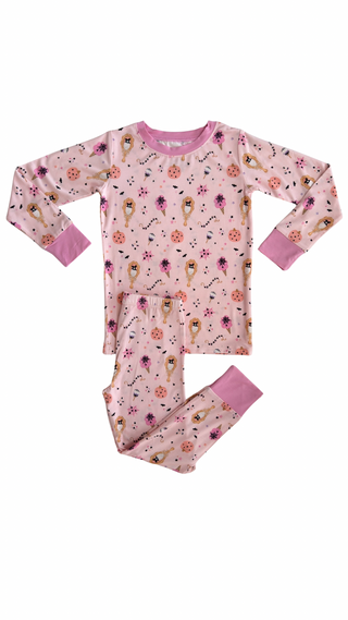 In My Jammers Snuggleween Two Piece Set Children's pink pajama set with floral and animal pattern on a white background