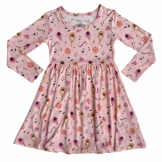 In My Jammers Snuggleween Long Sleeve Twirl Dress Pink floral dress with long sleeves on a white background