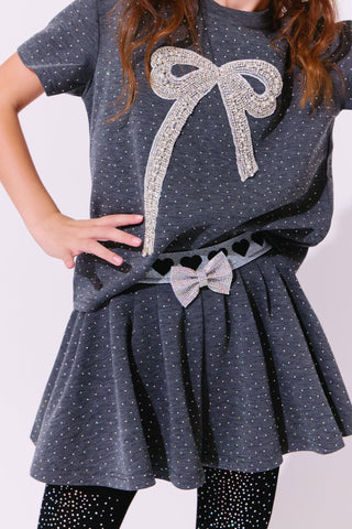 Lola and The Boys Sparkle Bow Charm Skirt Set Dark gray dress with decorative bow details on a white background