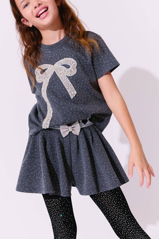 Lola and The Boys Sparkle Bow Charm Skirt Set Child wearing a dark blue outfit with a large bow design on a white background