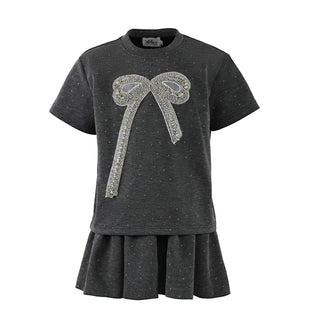 Lola and The Boys Sparkle Bow Charm Skirt Set Dark gray dress with a decorative bow on a white background