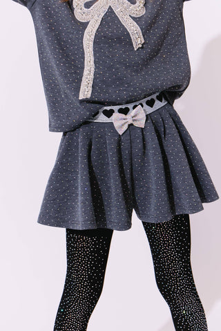 Lola and The Boys Sparkle Bow Charm Skirt Set Children's outfit with polka dot top, skirt, and tights on a white background