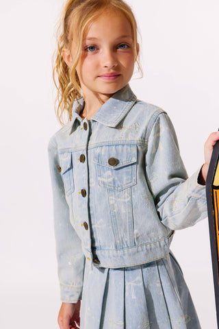 Lola and The Boys Sparkle Bows Denim Jacket
Young girl wearing a light blue denim jacket and dress on a white background