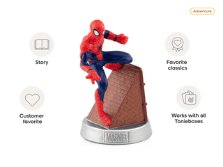 Tonies Character - MARVEL Spider-Man
Spider-Man figurine on a brown platform with Marvel branding, surrounded by icons and text.