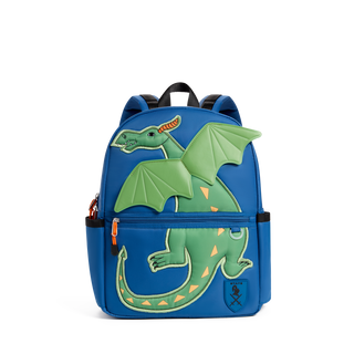 State Bags Kane Backpack - Dragon
A blue backpack featuring a large green dragon design on the front, with orange accents on the zipper pulls and scales, photographed against a plain white background.