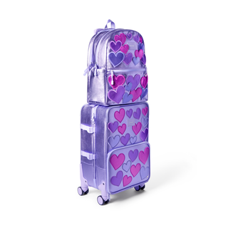 State Bags Logan carry-on suitcase featuring a 3D hearts design, durable hard shell and compact size for easy travel.