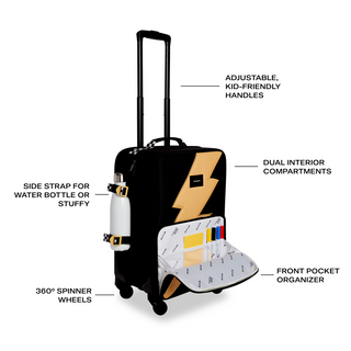State Bags Logan carry-on suitcase with a sleek bolt design, featuring a durable hard shell and retractable handle for travel.
