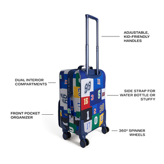 State Bags Logan carry-on suitcase with varsity numbers design, durable hard shell, and adjustable handle for travel.
