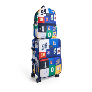 State Bags Logan Carry-On Suitcase with varsity number design, durable hard-shell luggage for travel.