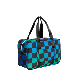 Blue checkerboard State Bags Rockaway duffle bag with handles and zipper closure, designed for travel and storage.