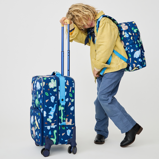 State Bags Logan carry-on suitcase with colorful dinosaur fossil design, lightweight travel luggage with sturdy handle and wheels.