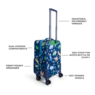 State Bags Logan carry-on suitcase featuring a colorful dino fossils design, durable with a compact size for travel.
