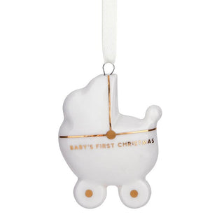 Stephan Baby Baby's First Christmas Ornament - Baby Carriage
White baby buggy ornament with 'Baby's First Christmas' text on a white background