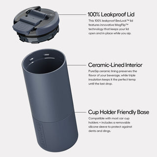Gray tumbler with features highlighted on a white background