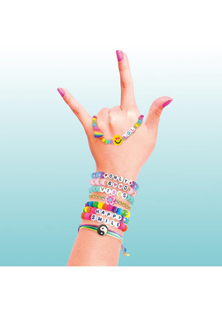 Style 4 Ever™ Boho Friendship Bracelet Jewelry Kit
Hand wearing multiple colorful bracelets with text on a light blue background