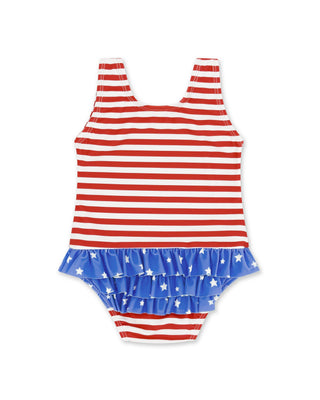 Feather 4 Arrow Sun Babe One-Piece
Red and white striped swimsuit with blue ruffled bottom featuring white stars on a white background