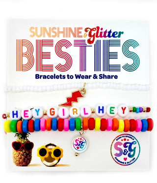 Sunshine & Glitter Besties bracelet set featuring colorful friendship bracelets with playful Hey Girl Hey charms.