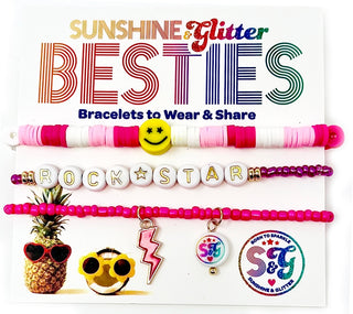 Sunshine & Glitter Besties bracelet set featuring colorful, star-themed bracelets with Rockstar charm for friendship jewelry.