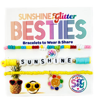 Sunshine & Glitter Besties bracelet set featuring colorful friendship bracelets with sunshine and glitter-themed charms.