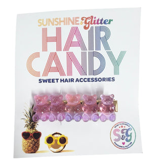 Sunshine & Glitter pink and purple ombre gummy bear hair clip with colorful candy design, perfect for playful hair accessories.