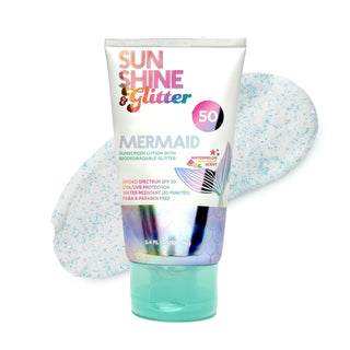 Sunshine & Glitter Mermaid Sea Star Sparkle SPF 50 glitter sunscreen with a shimmering mermaid design and star accents.